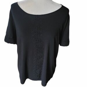 Tahari black Floral Lace Laser Cut Short Sleeve top blouse cotton modal blend xl